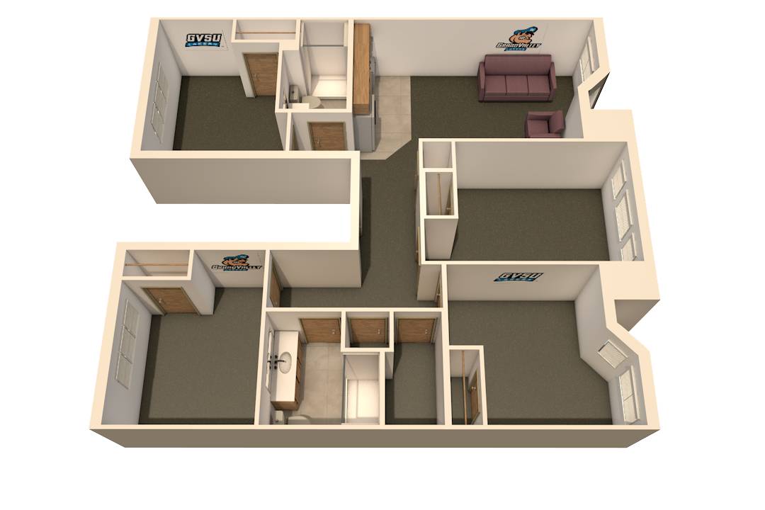 image of a secchia hall 4 bedroom 4 person apartment floor plan